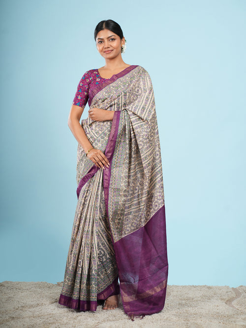 Ivory Chanderi Madhubani-print saree – Koshnika