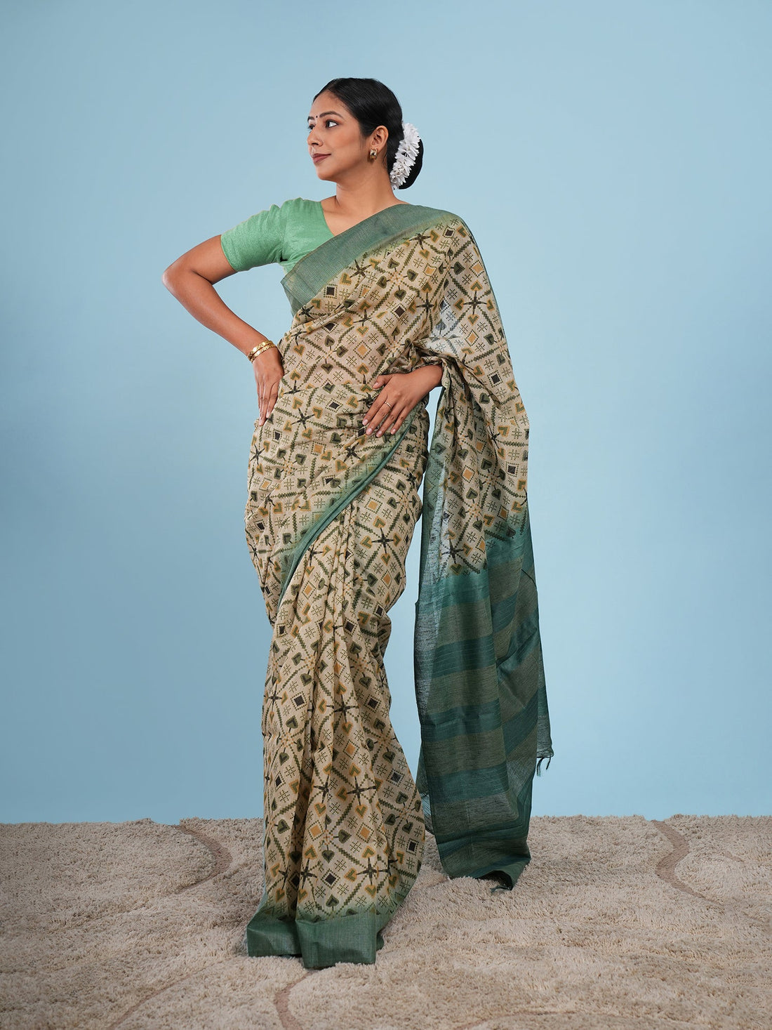 Sage green bamboo silk saree draped full length for daytime wear — Koshnika