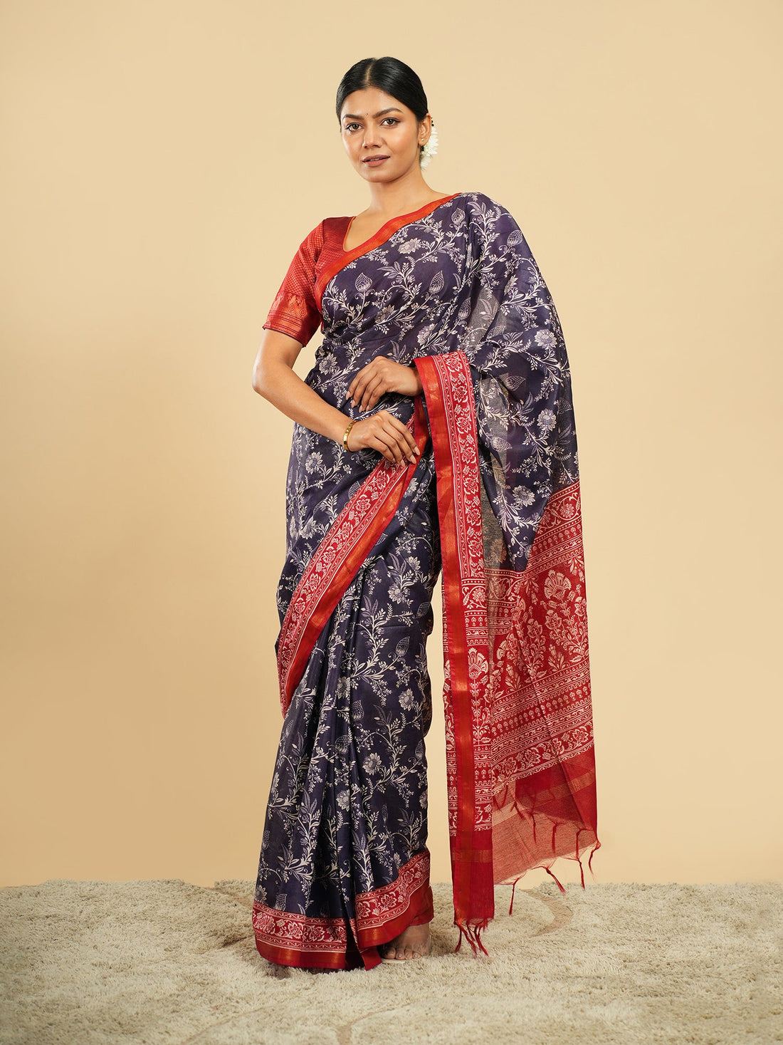 Navy modal saree with red border, easy to care for — Koshnika
