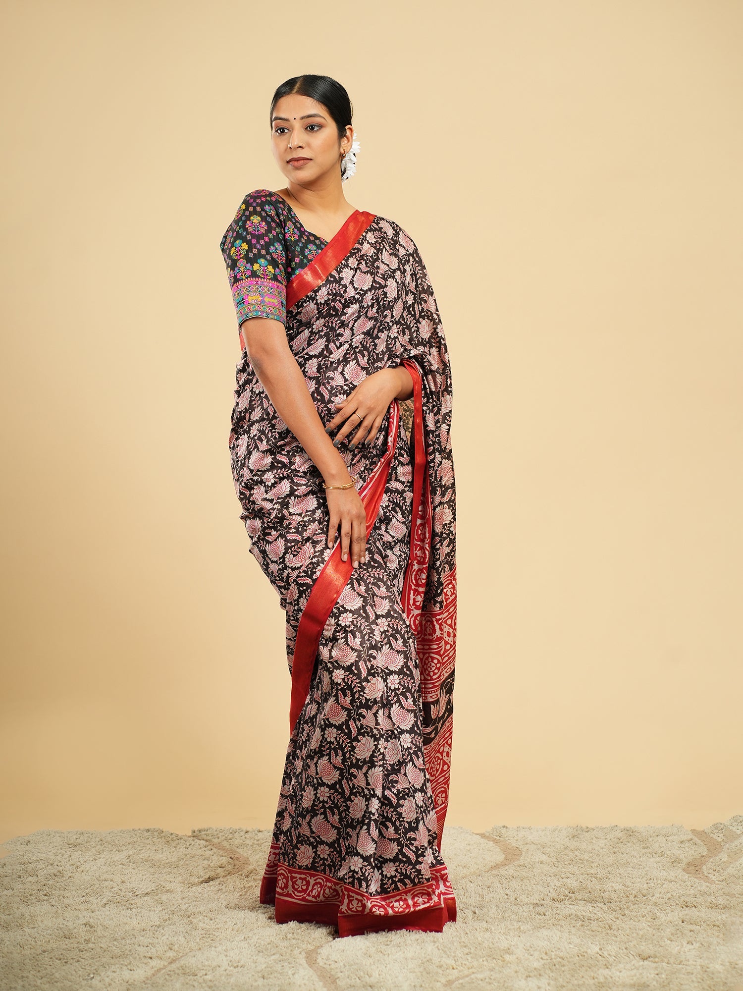 Rose Modal block-print saree showing drape and fall, an easy fabric to dry indoors — Koshnika