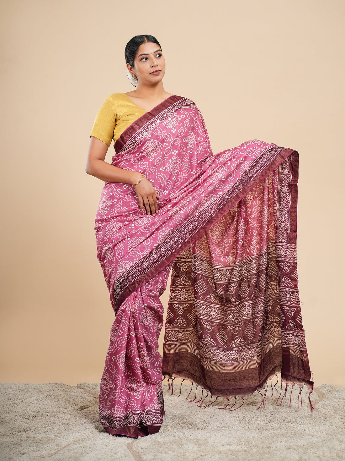 Rose pink modal saree with Bandhni-style print, compared with cotton — Koshnika