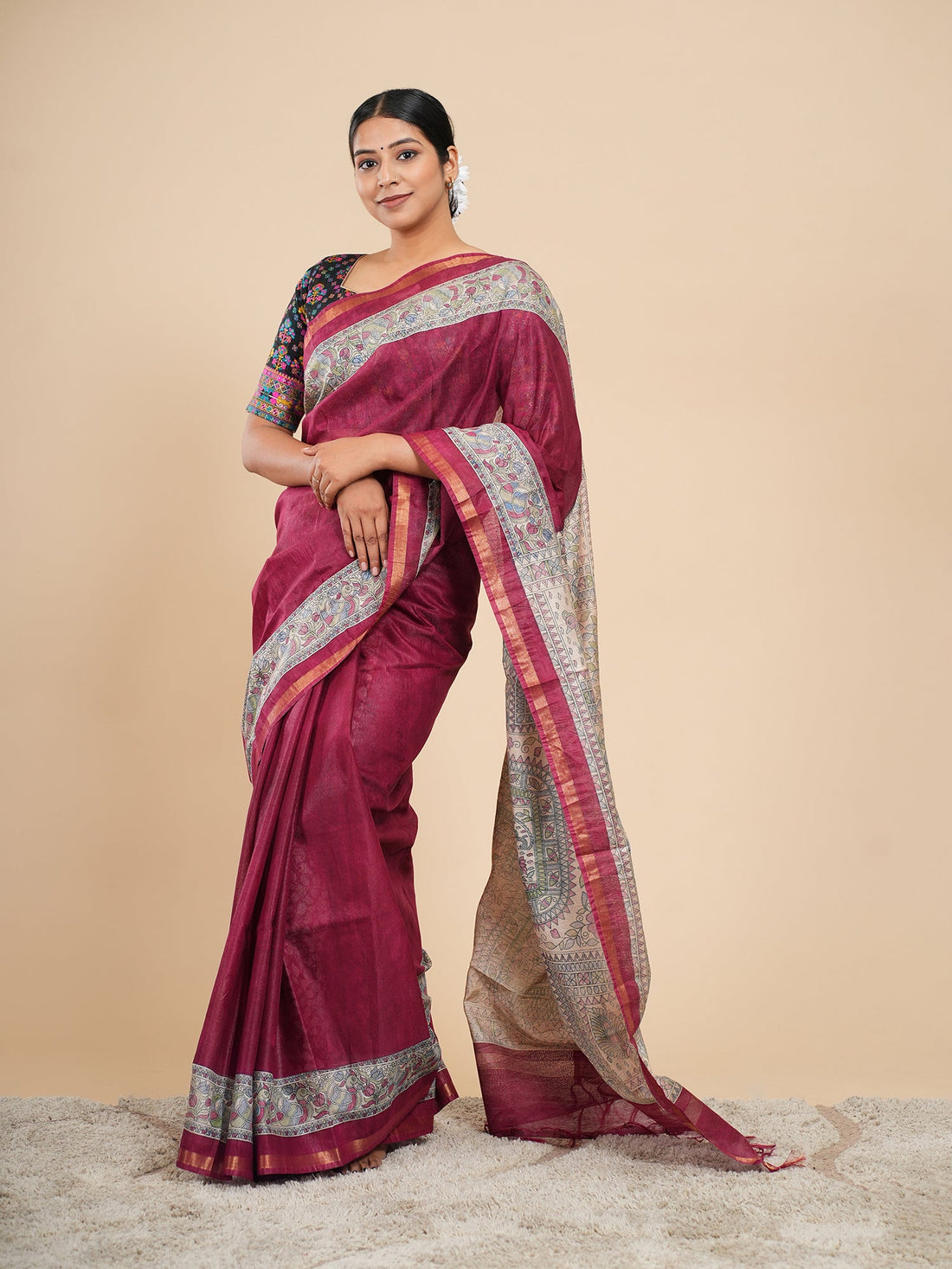 Deep maroon Madhubani-print saree, one of the 2026 trending jewel-tone shades — Koshnika