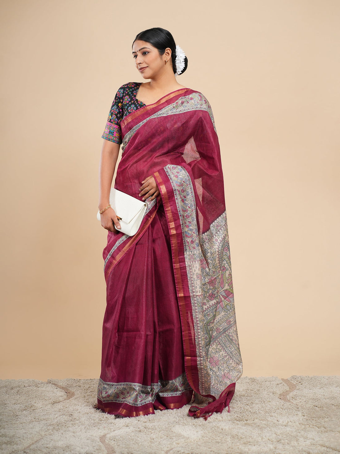 Deep maroon Vegan Silk saree draped full-length, one of our sarees under 2000 — Koshnika