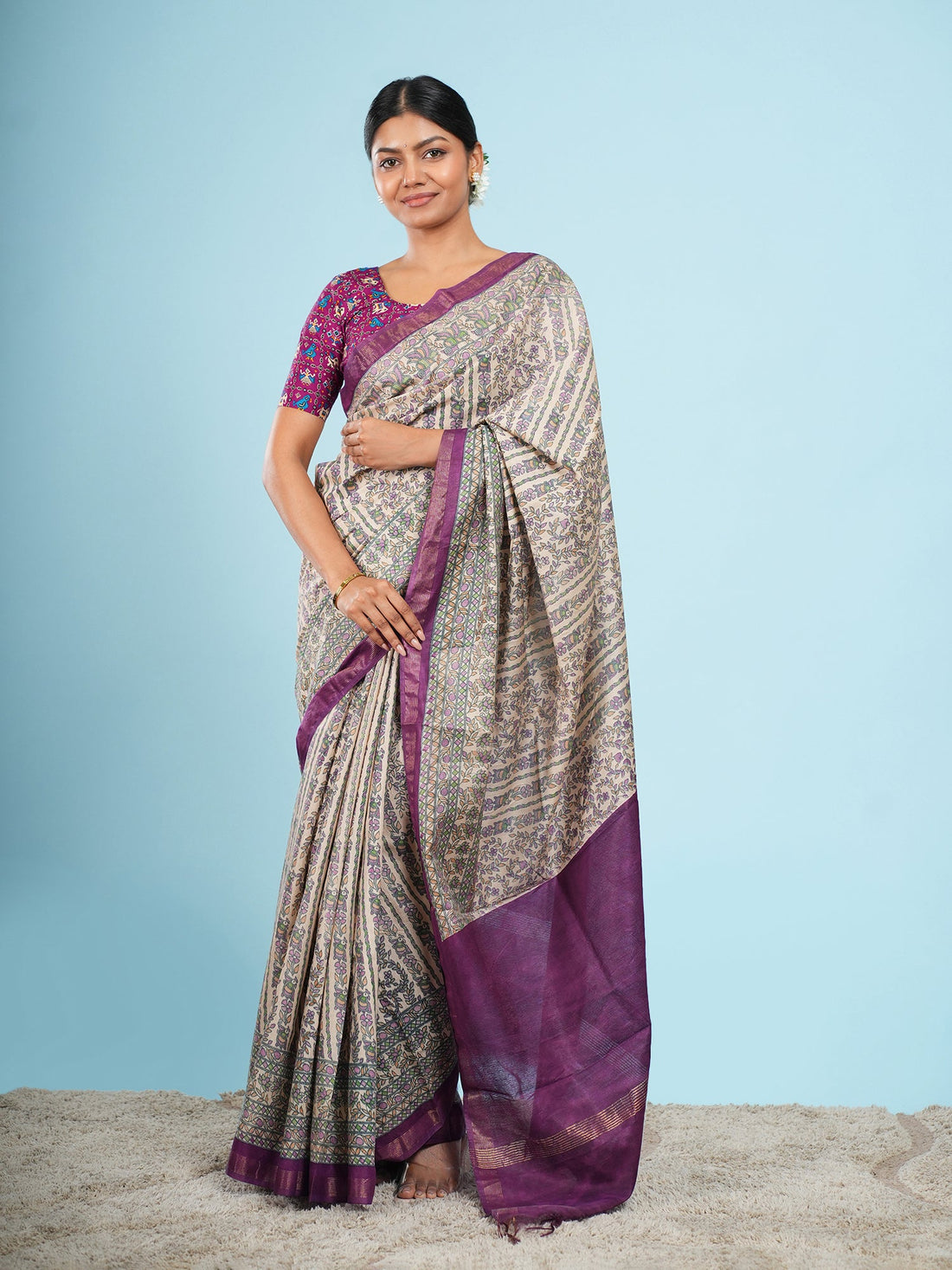 Ivory Chanderi saree suited to a daytime wedding guest — Koshnika
