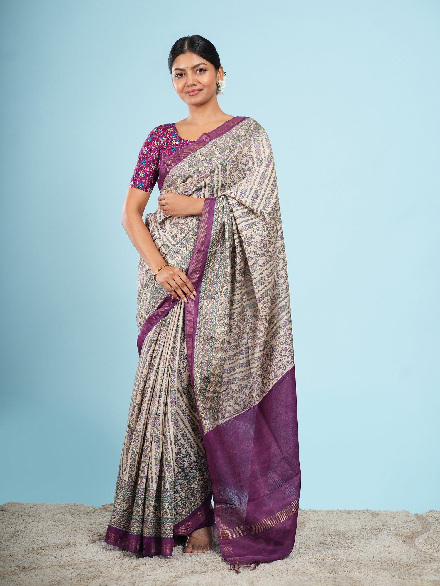 Ivory Chanderi saree suited to a daytime wedding guest — Koshnika