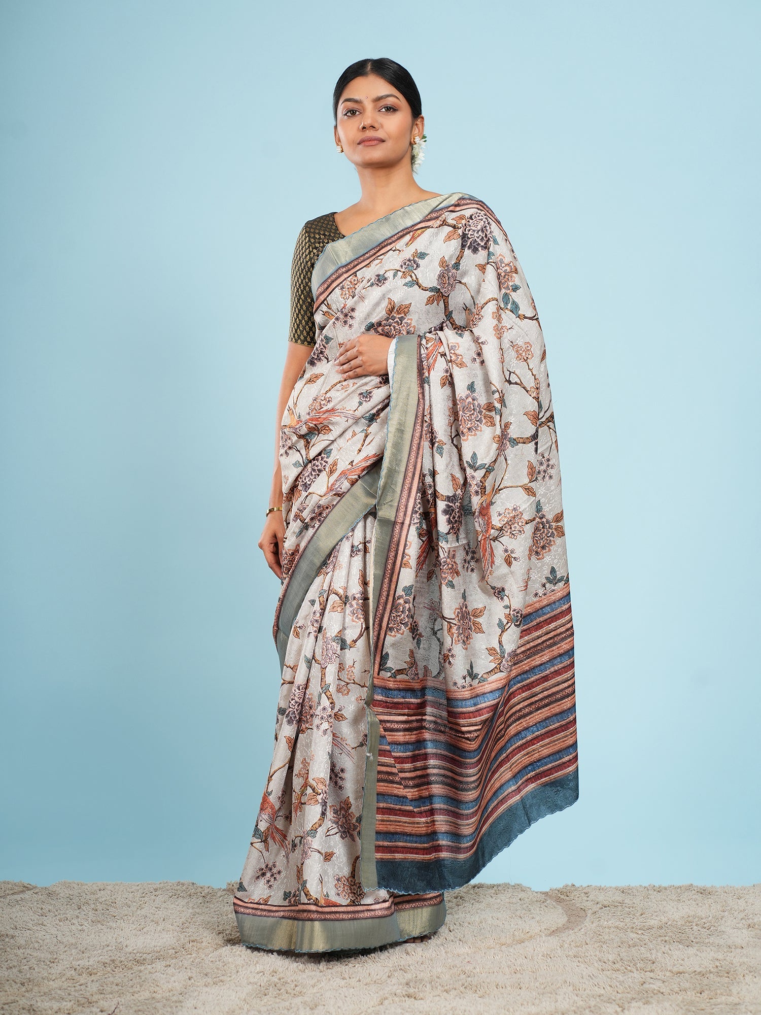 Mist grey self-jacquard saree with a sage border, draped full-length — Koshnika