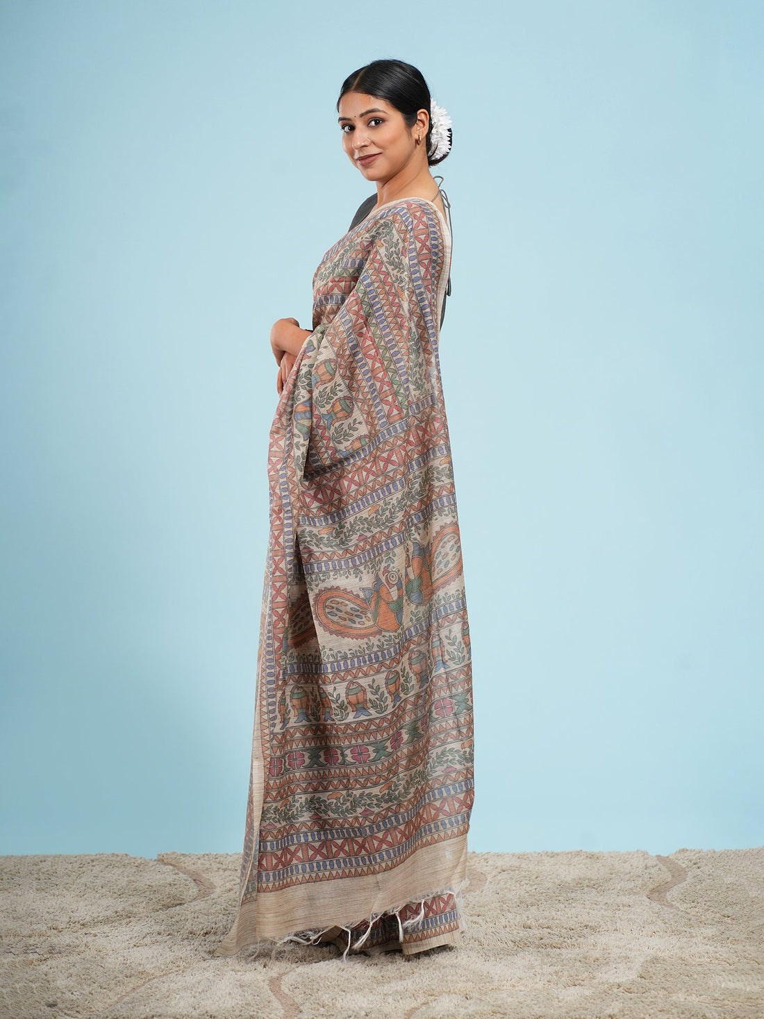 Cream Tussar silk saree in the kasavu palette, an easy saree to wear for Onam — Koshnika