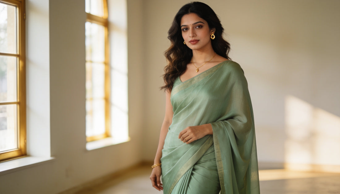 Indian woman wearing a soft sage green modal saree, editorial fashion photography