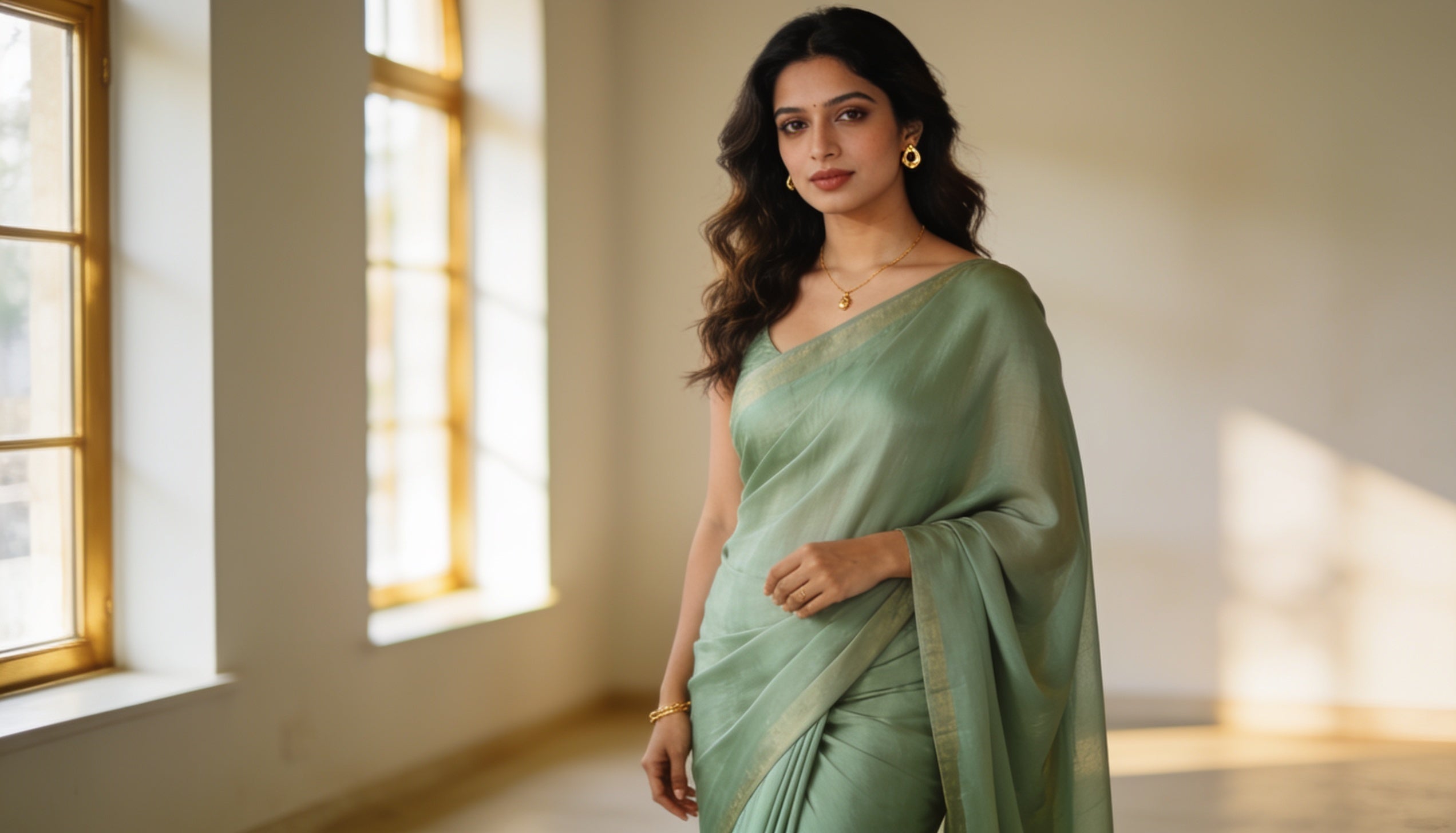 Indian woman wearing a soft sage green modal saree, editorial fashion photography