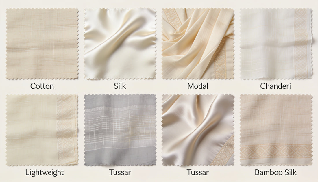 Flat lay of different Indian saree fabric swatches including cotton, silk, modal, chanderi and tussar