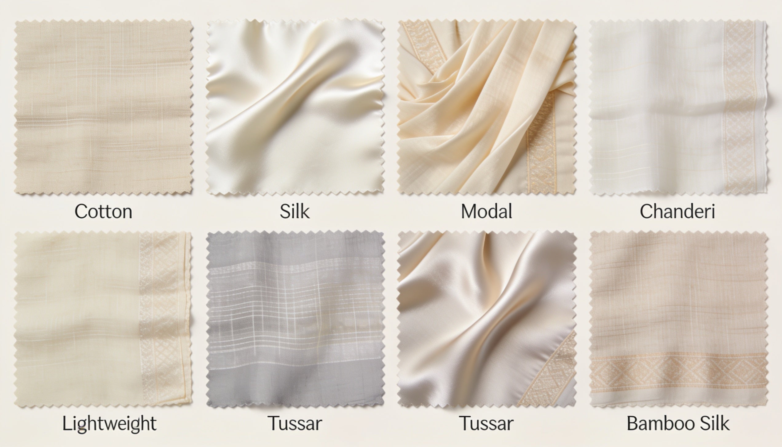 Flat lay of different Indian saree fabric swatches including cotton, silk, modal, chanderi and tussar