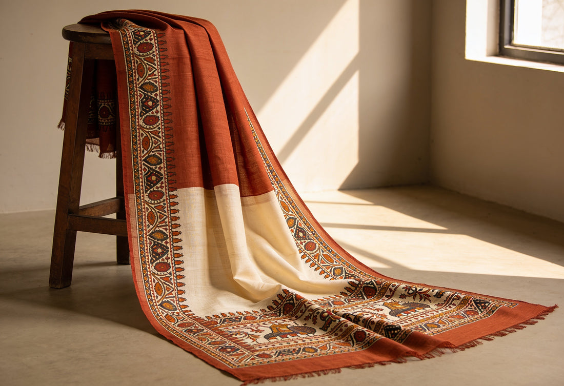Rust and cream Tussar silk saree with a Madhubani-inspired border, draped over a wooden stool in soft window light — Koshnika