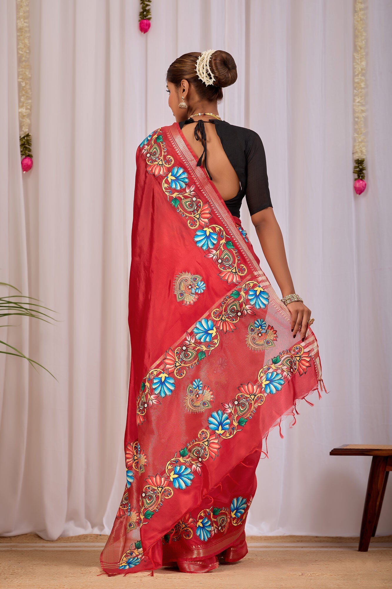 Anala Chilli Red Banana Silk Saree — back view