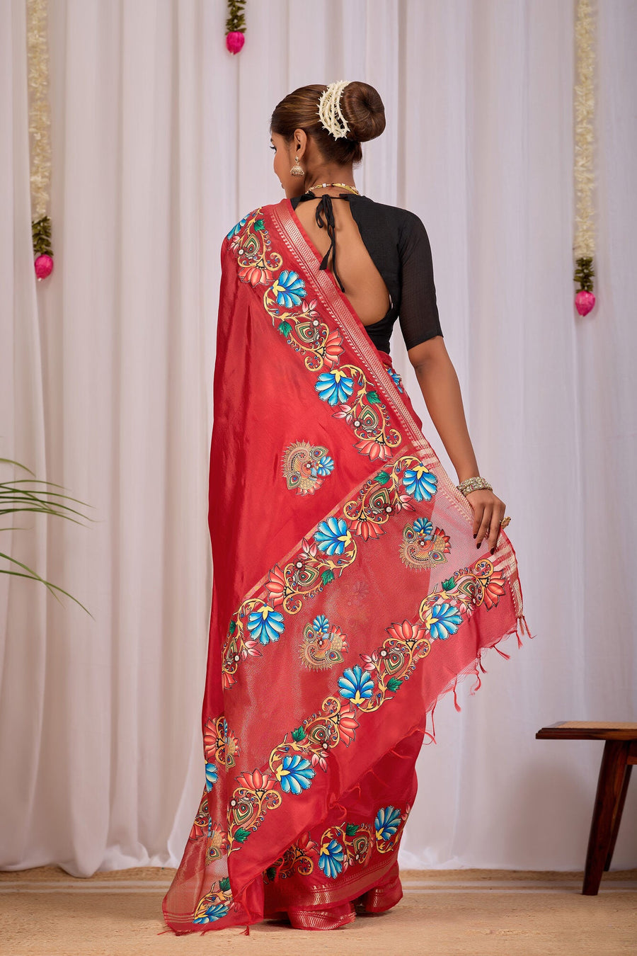 Anala Chilli Red Banana Silk Saree — back view