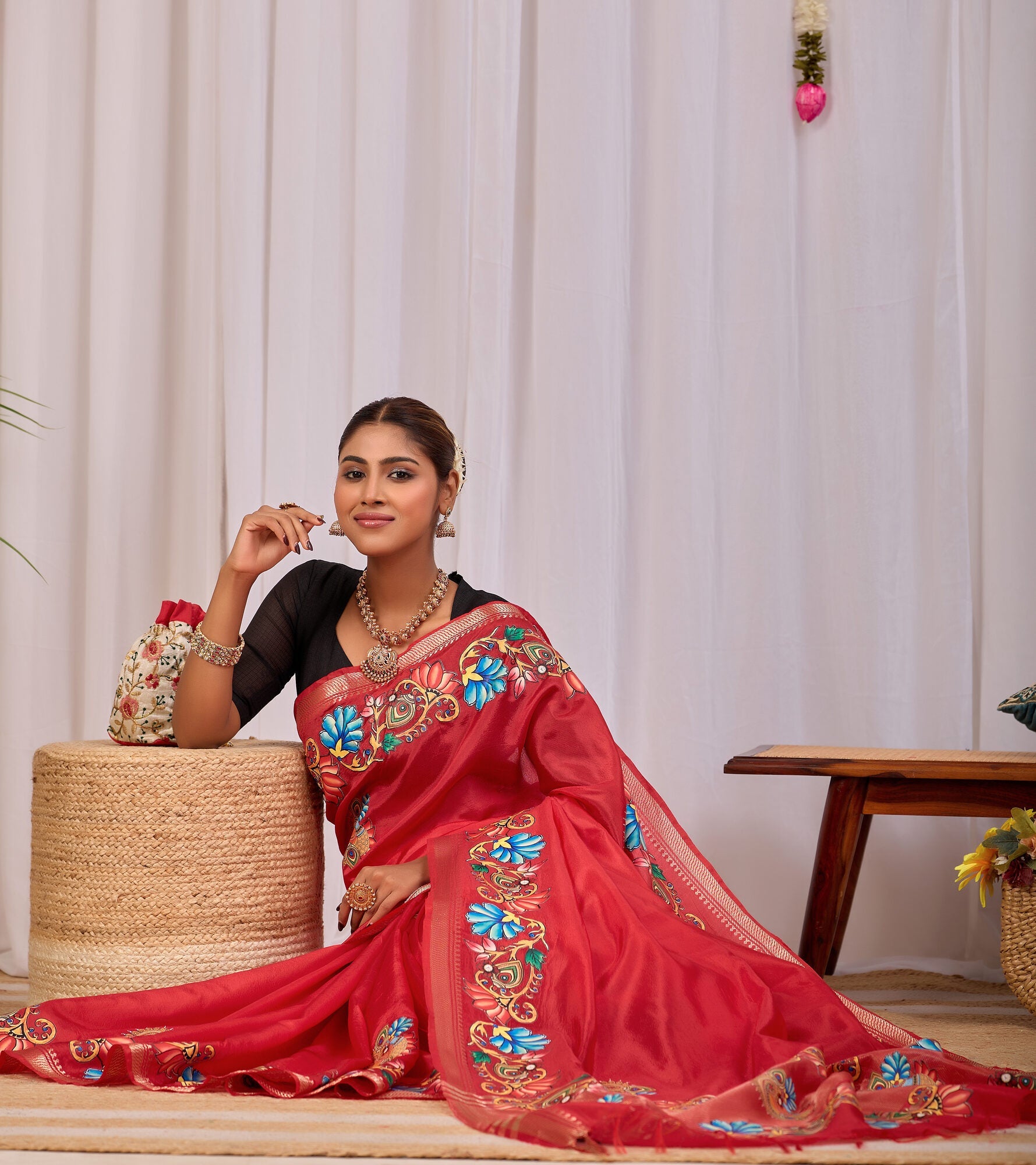 Anala Chilli Red Banana Silk Saree — draped view