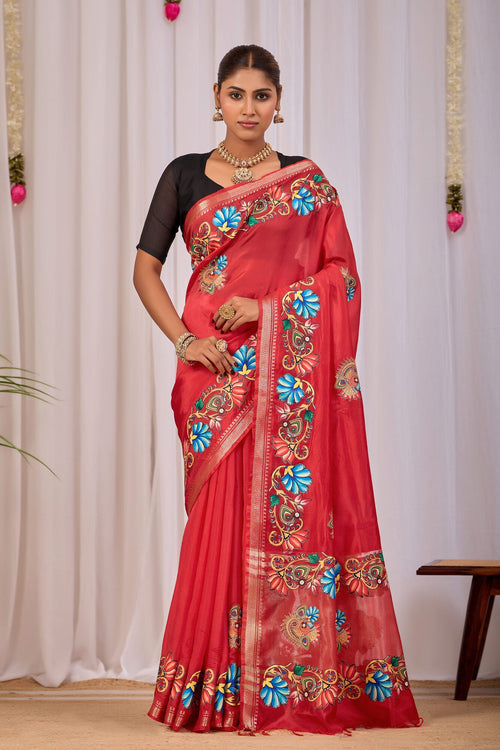 Anala Chilli Red Banana Silk Saree — front view