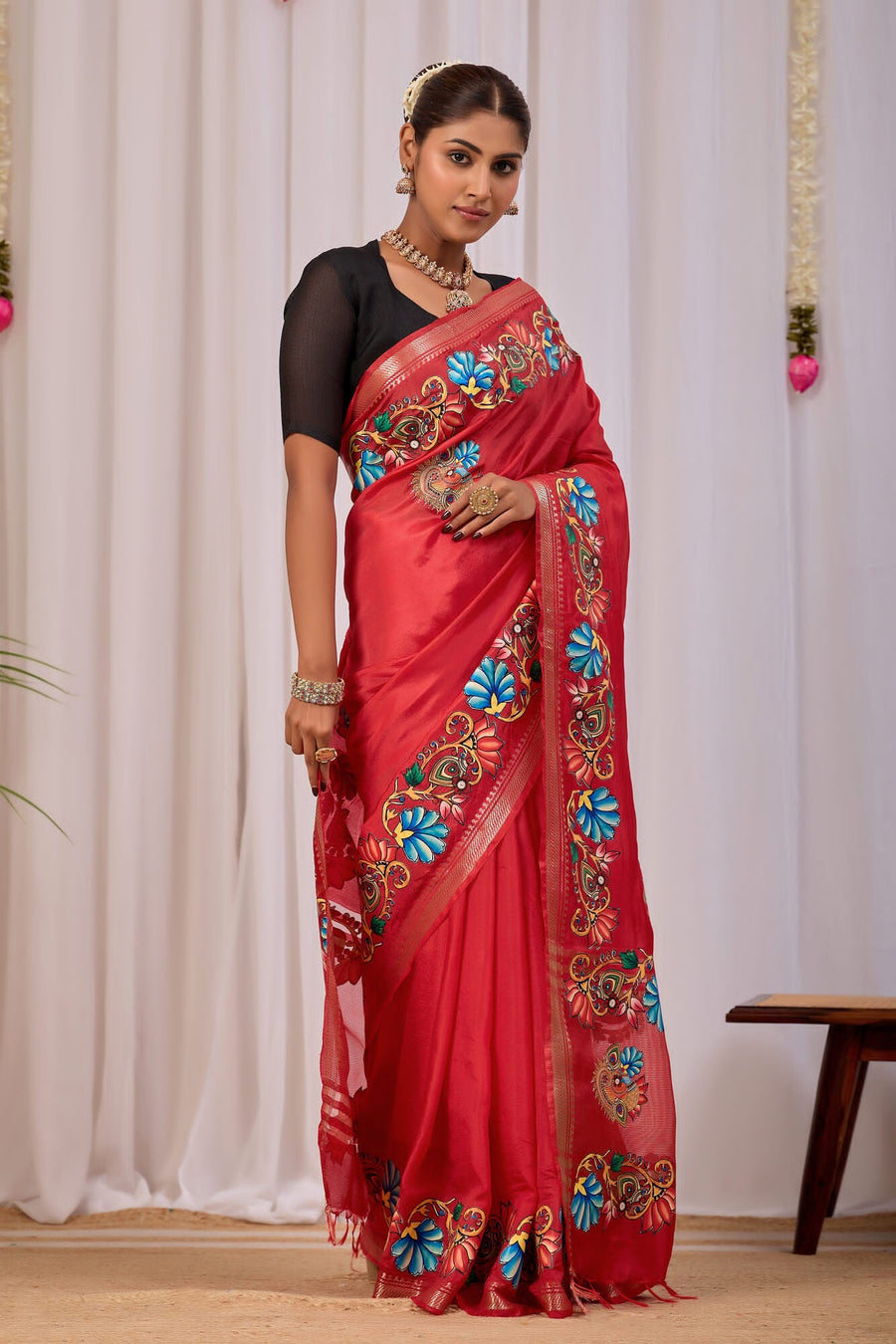Anala Chilli Red Banana Silk Saree — side view