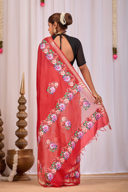Aruna Scarlet Red Banana Silk Saree — back view