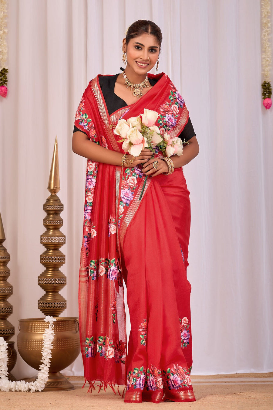 Aruna Scarlet Red Banana Silk Saree — draped view