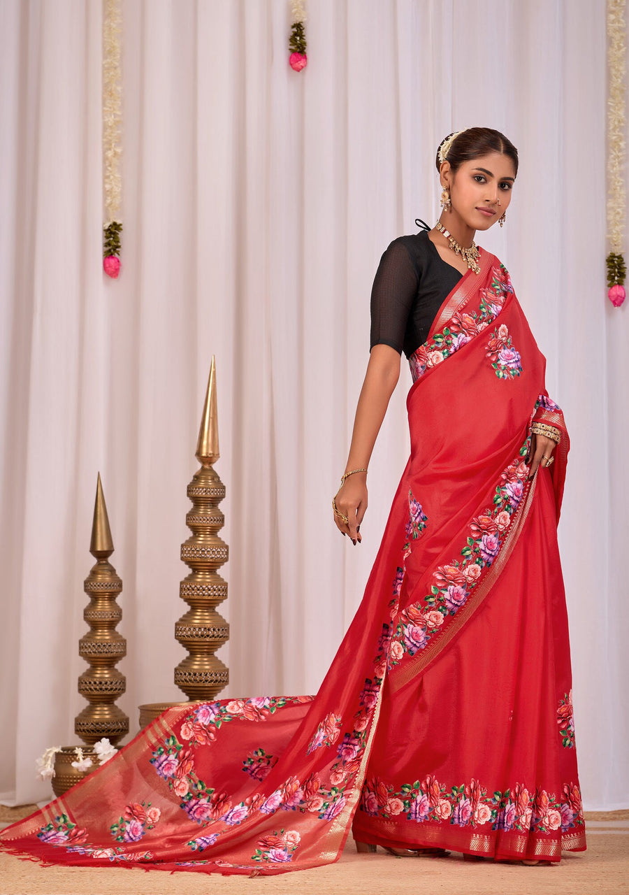 Aruna Scarlet Red Banana Silk Saree — side view