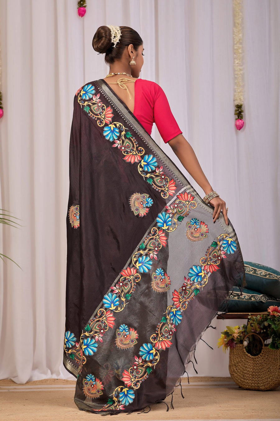 Chaya Espresso Brown Banana Silk Saree — back view