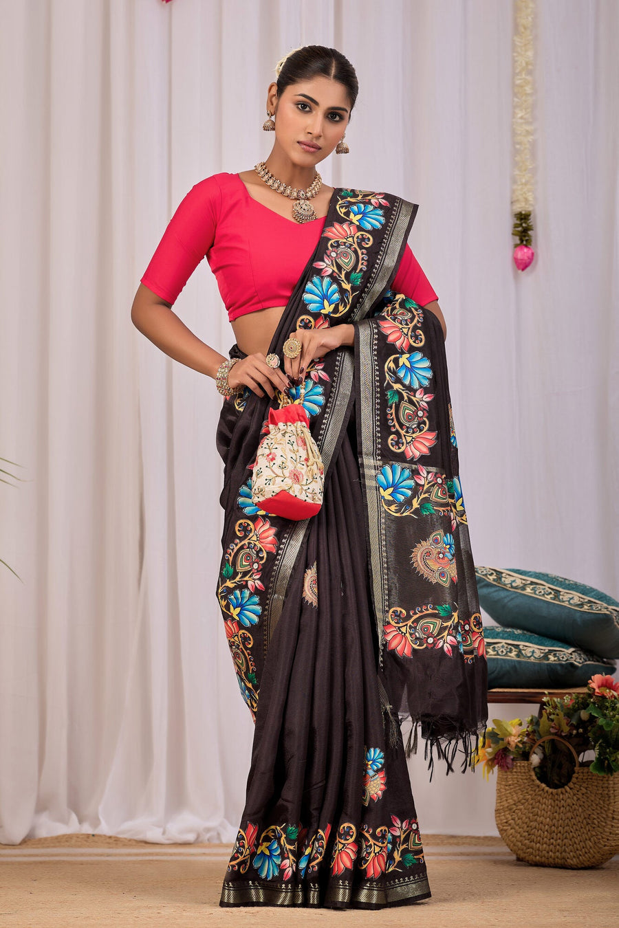 Chaya Espresso Brown Banana Silk Saree — draped view