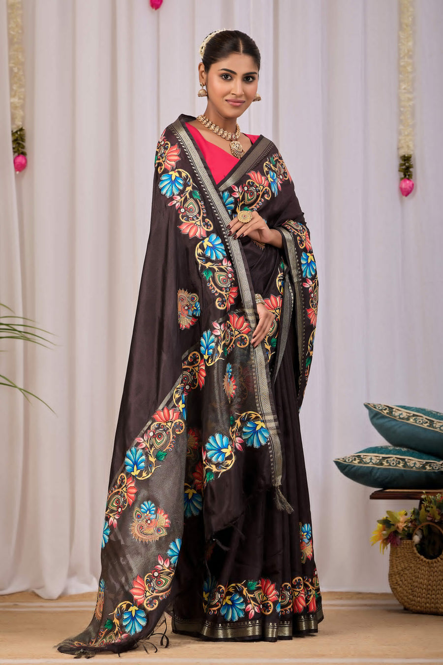 Chaya Espresso Brown Banana Silk Saree — side view