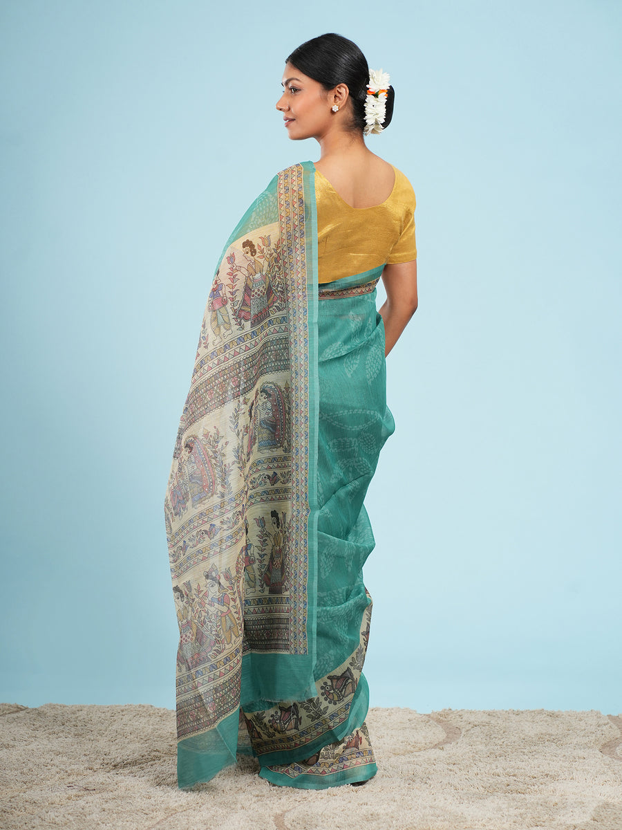 Sea green Tussar silk Madhubani-print saree – Koshnika