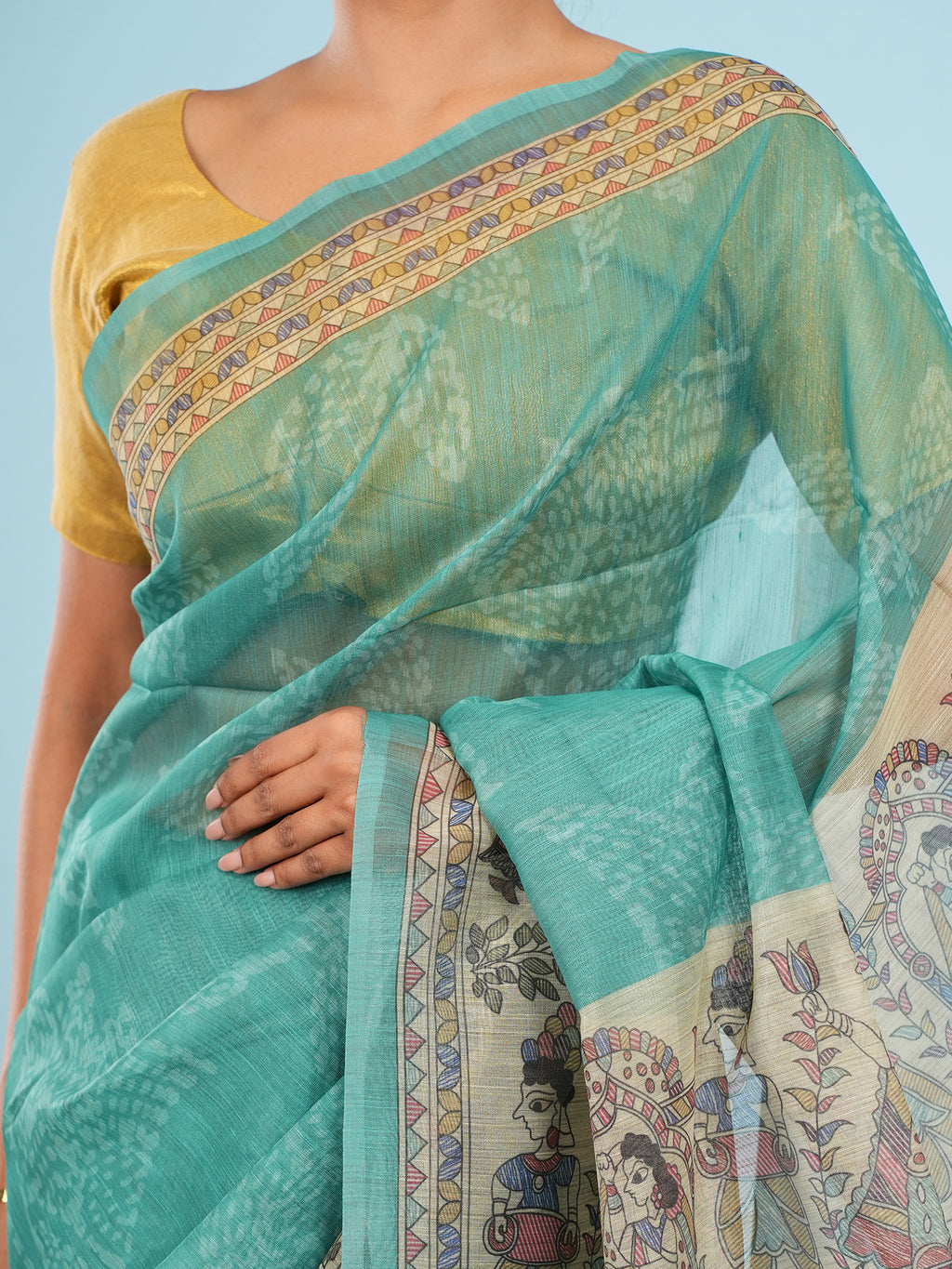 Meera Madhubani print on Tussar Sea green