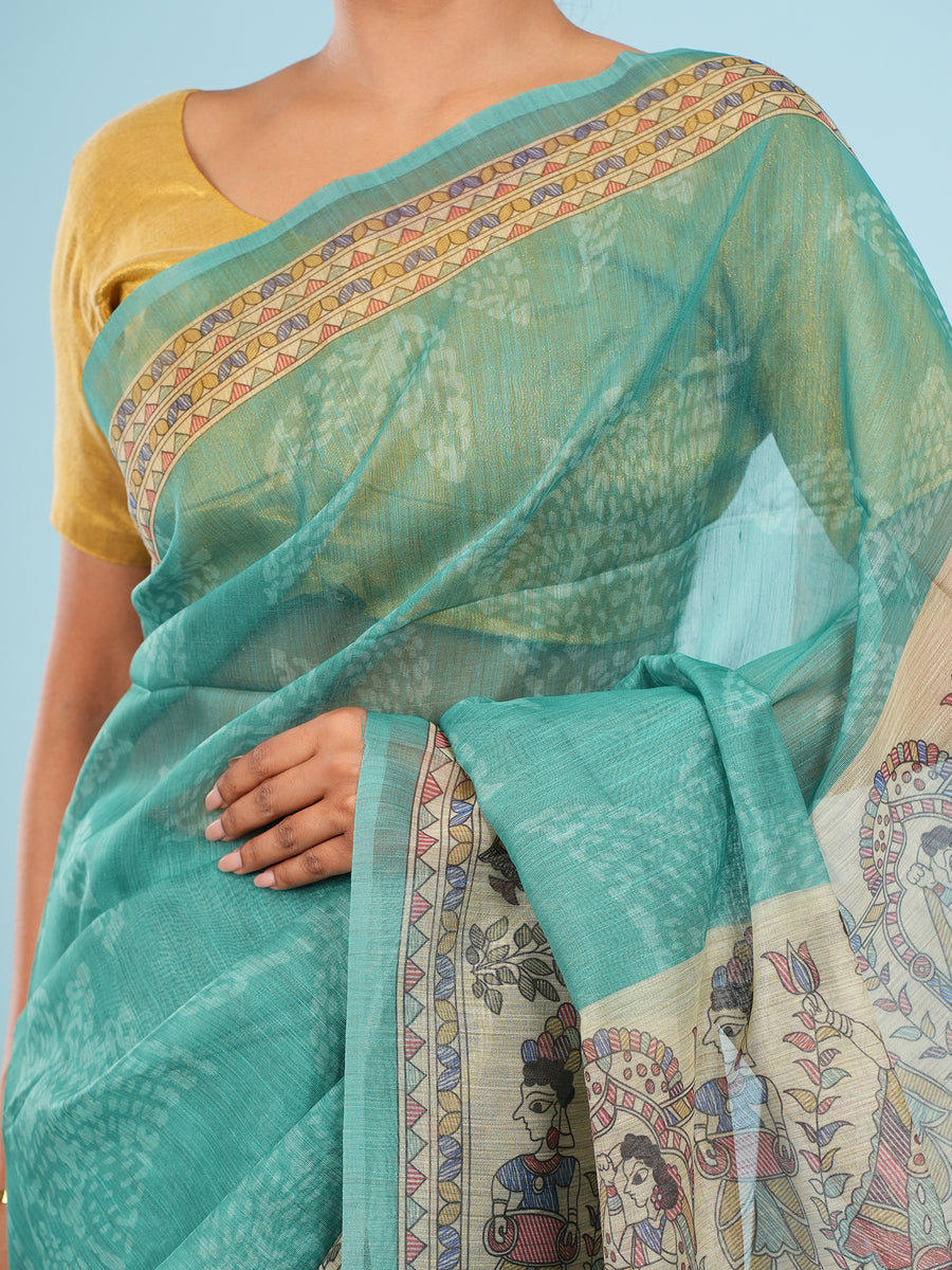 Sea green Tussar silk Madhubani-print saree, border detail – Koshnika