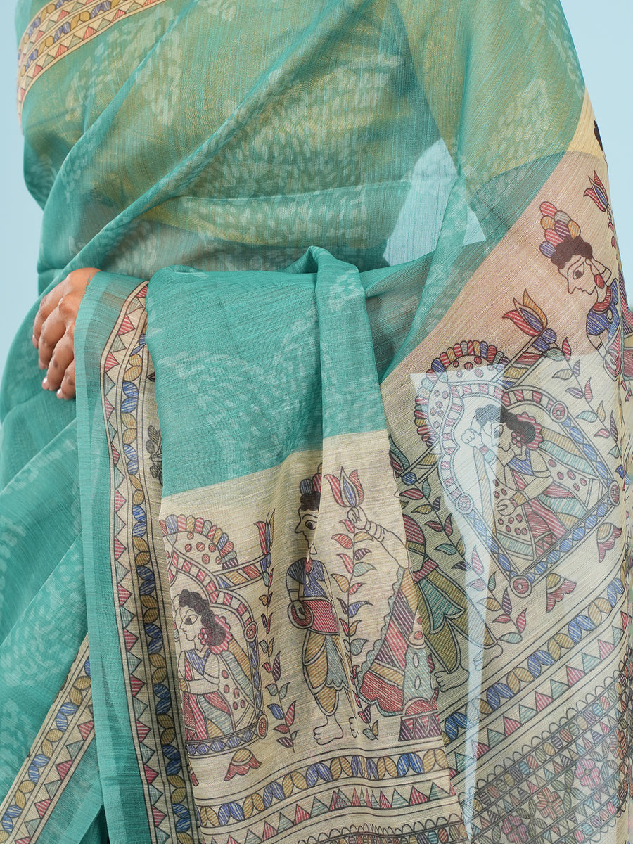 Sea green Tussar silk Madhubani-print saree, drape and fall – Koshnika