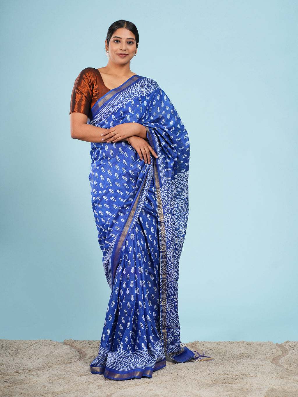 Blue Viscose Small Buti Print Saree