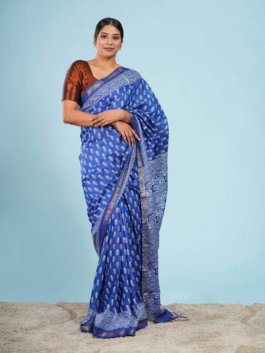 Blue Vegan Silk buti-print saree – Koshnika