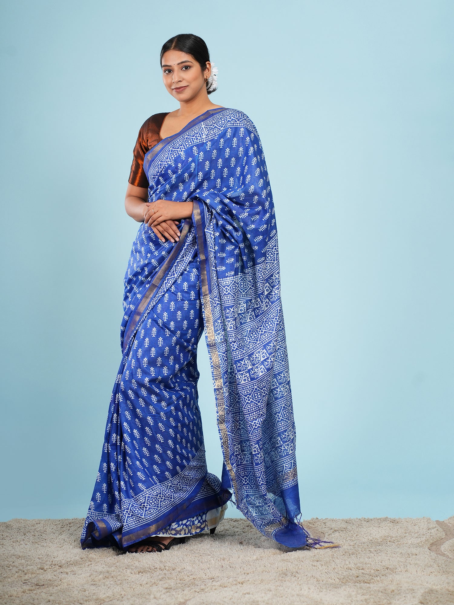 Blue Viscose Small Buti Print Saree