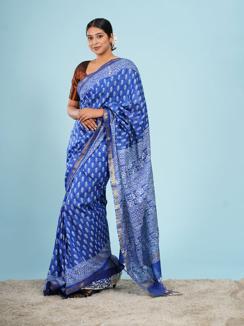 Blue Viscose Small Buti Print Saree