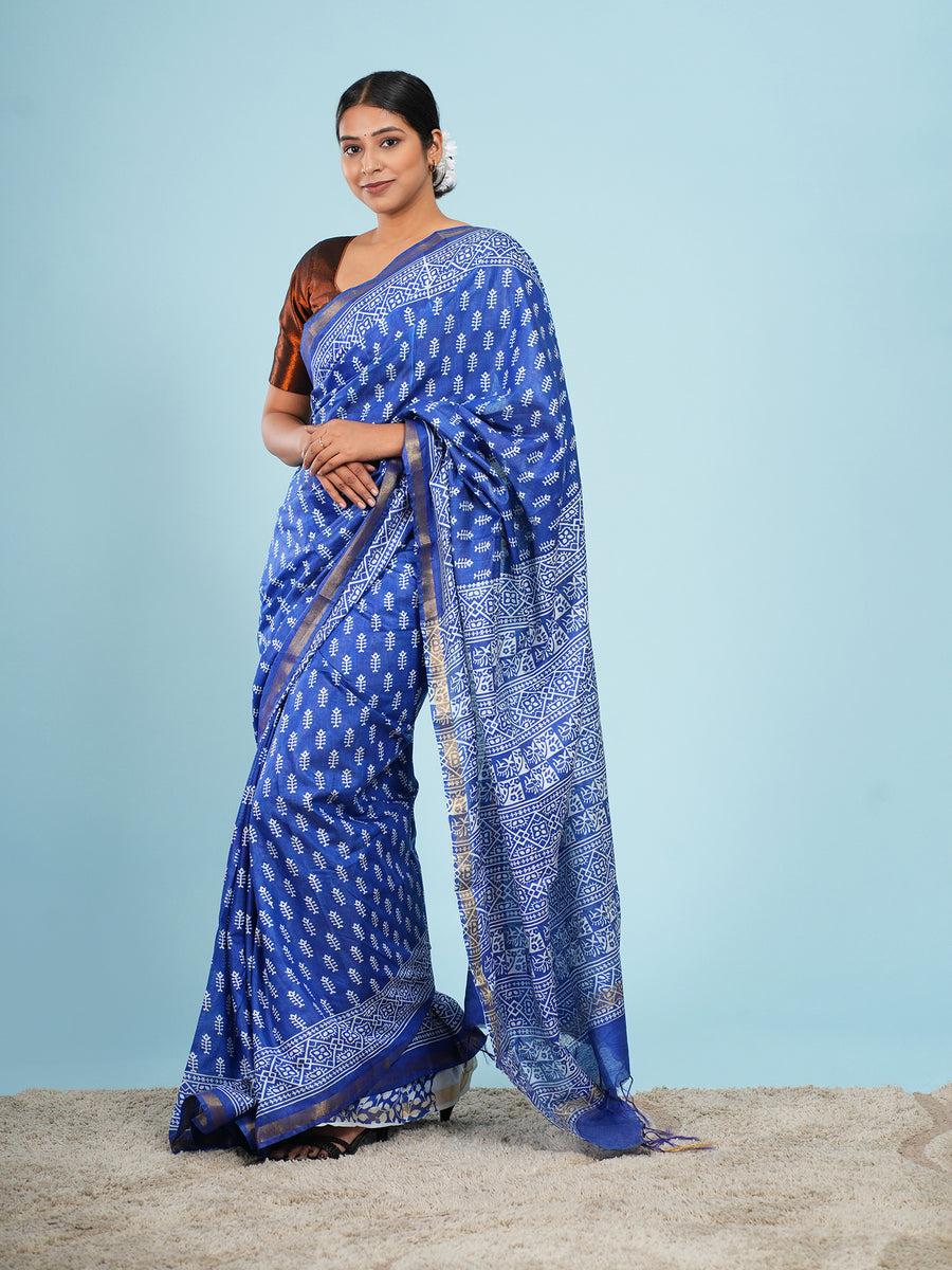 Blue Vegan Silk buti-print saree, border detail – Koshnika