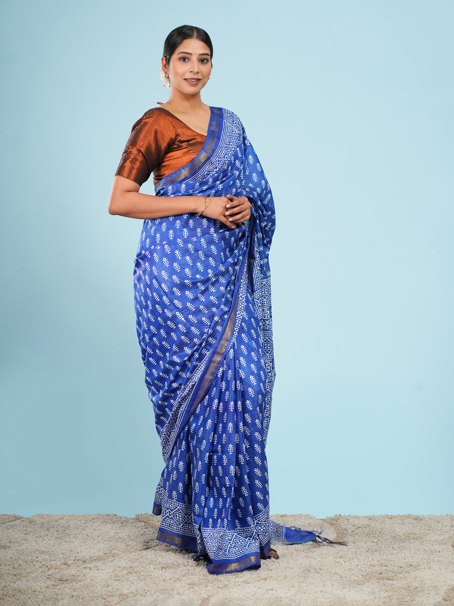 Blue Vegan Silk buti-print saree, drape and fall – Koshnika