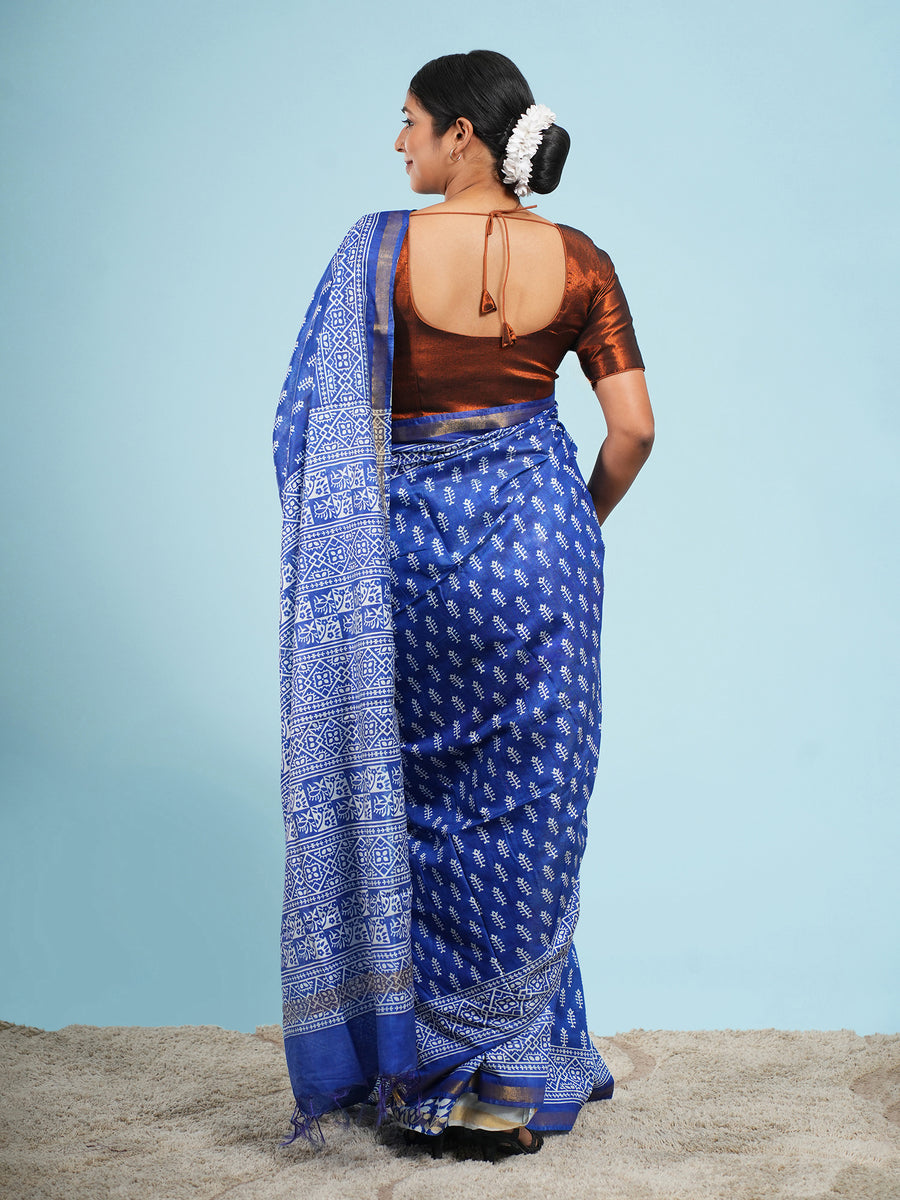 Blue Vegan Silk buti-print saree, buti motif close-up – Koshnika