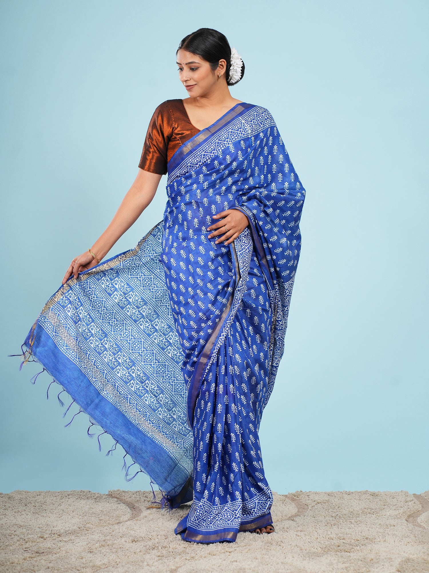 Blue Viscose Small Buti Print Saree