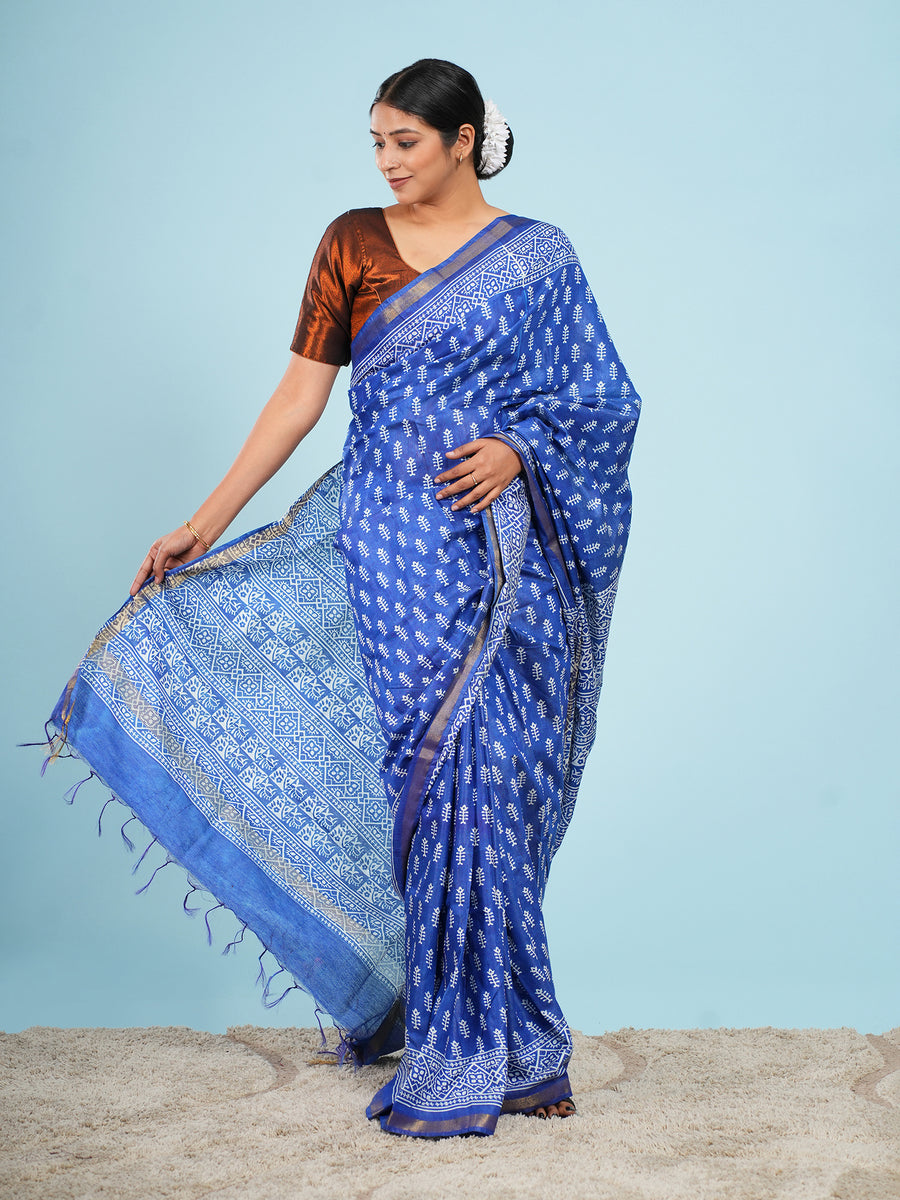 Blue Vegan Silk buti-print saree, full-length drape – Koshnika