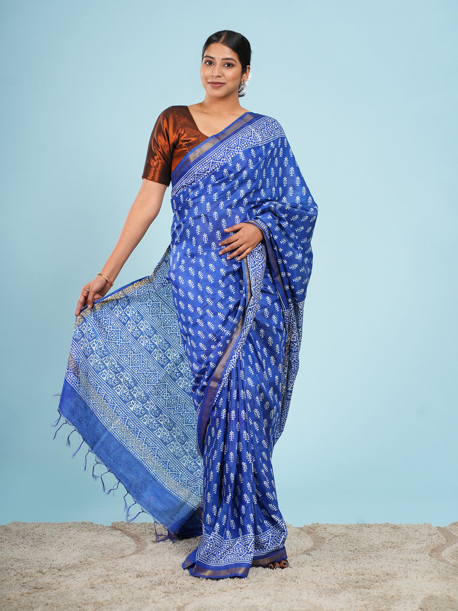 Blue Vegan Silk buti-print saree, pallu detail – Koshnika
