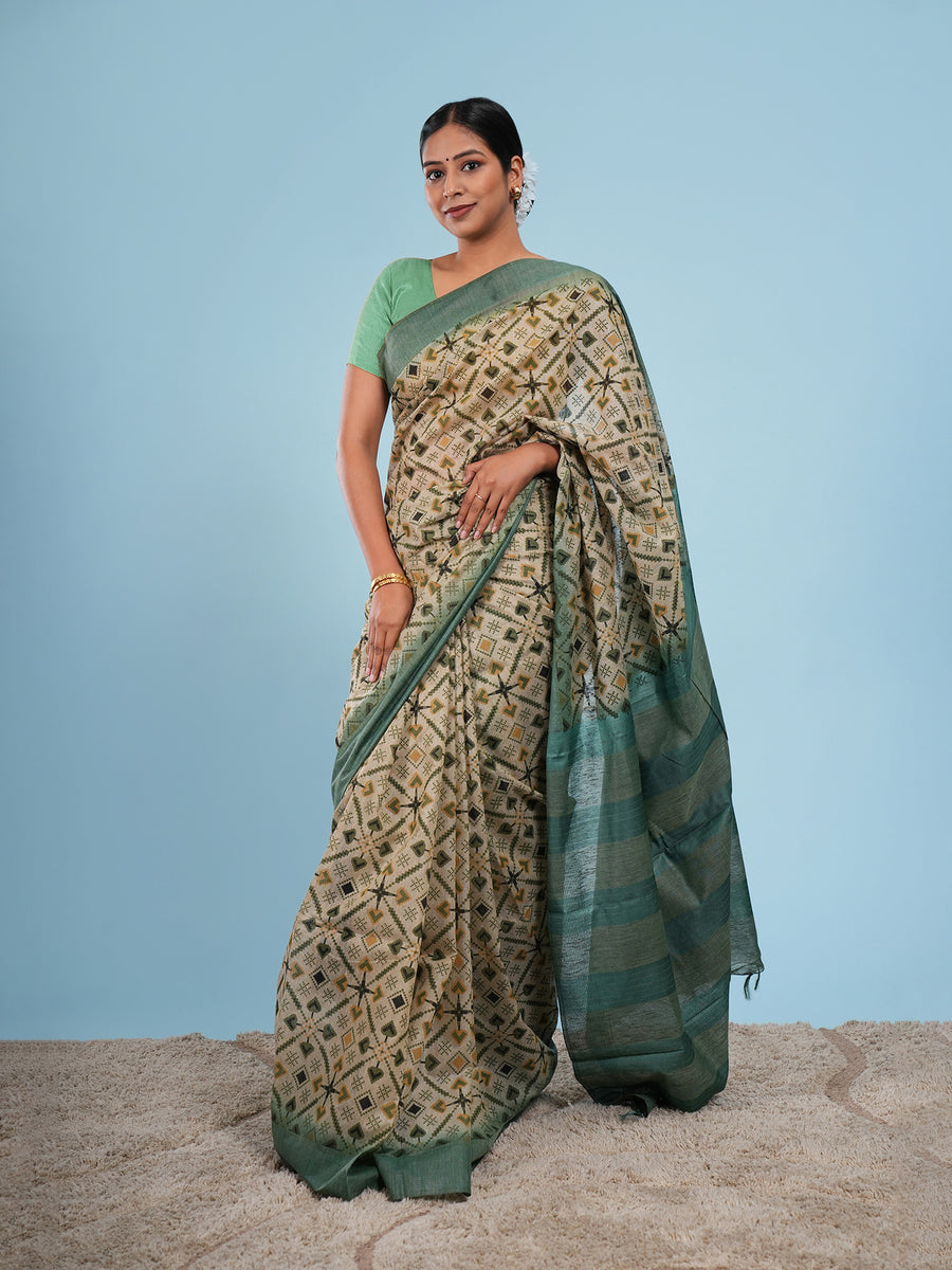 Sage green bamboo silk block-print saree, border detail – Koshnika