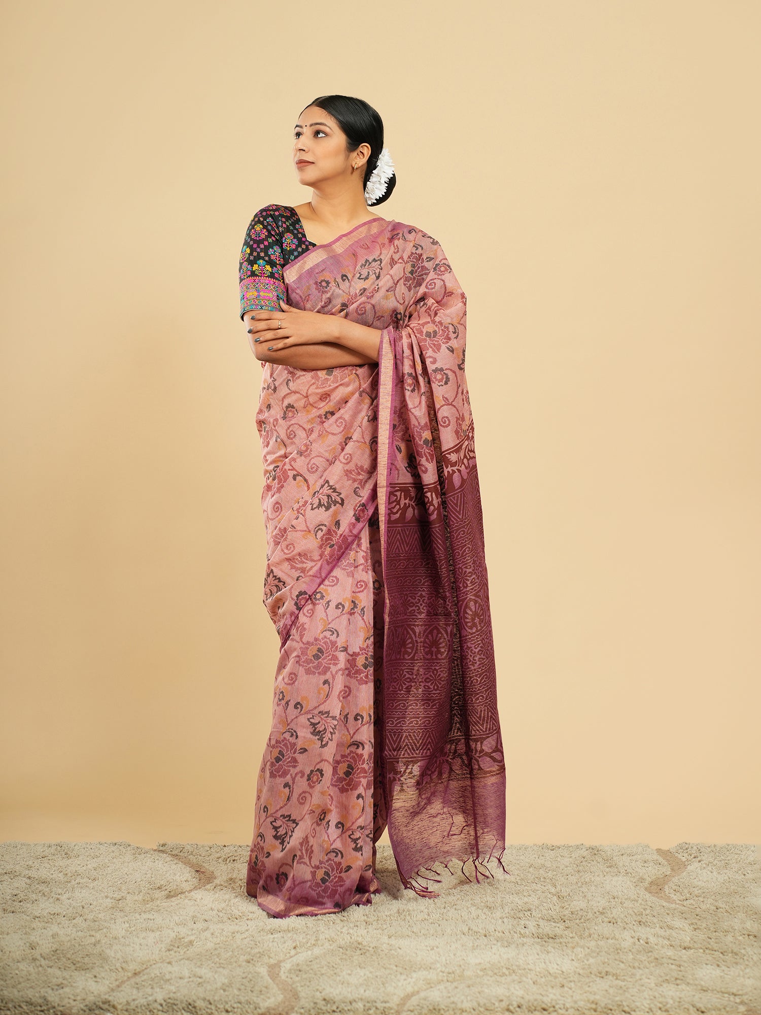 Ira Floral block print on bamboo silk-Rosewood pink
