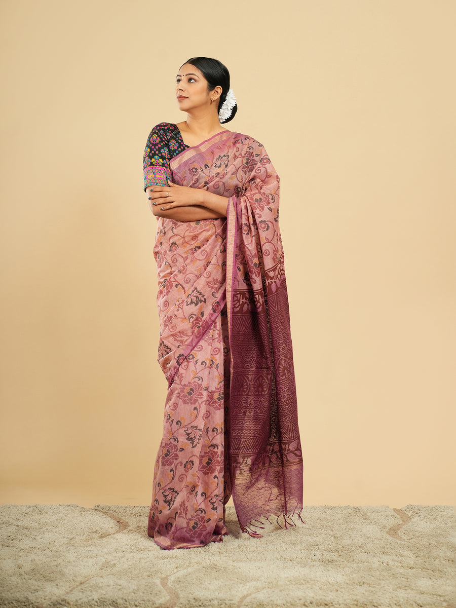 Rosewood pink floral block-print bamboo silk saree – Koshnika