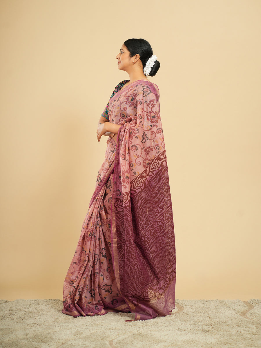 Rosewood pink floral block-print bamboo silk saree, border detail – Koshnika