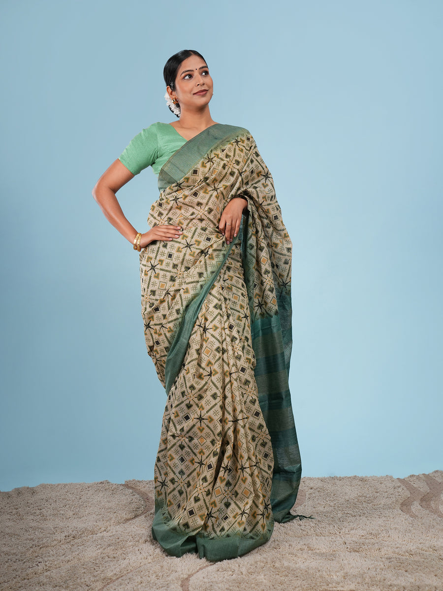 Sage green bamboo silk block-print saree, drape and fall – Koshnika