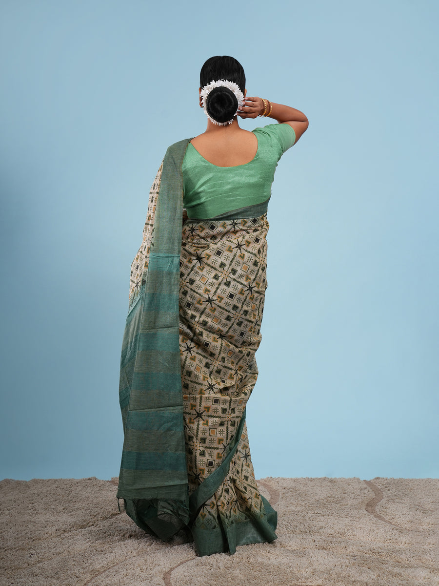 Sage green bamboo silk block-print saree, block motif close-up – Koshnika