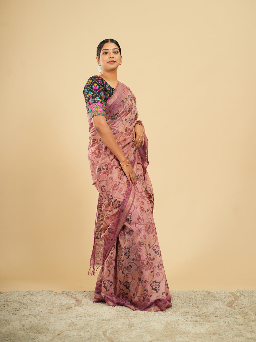 Rosewood pink floral block-print bamboo silk saree, drape and fall – Koshnika