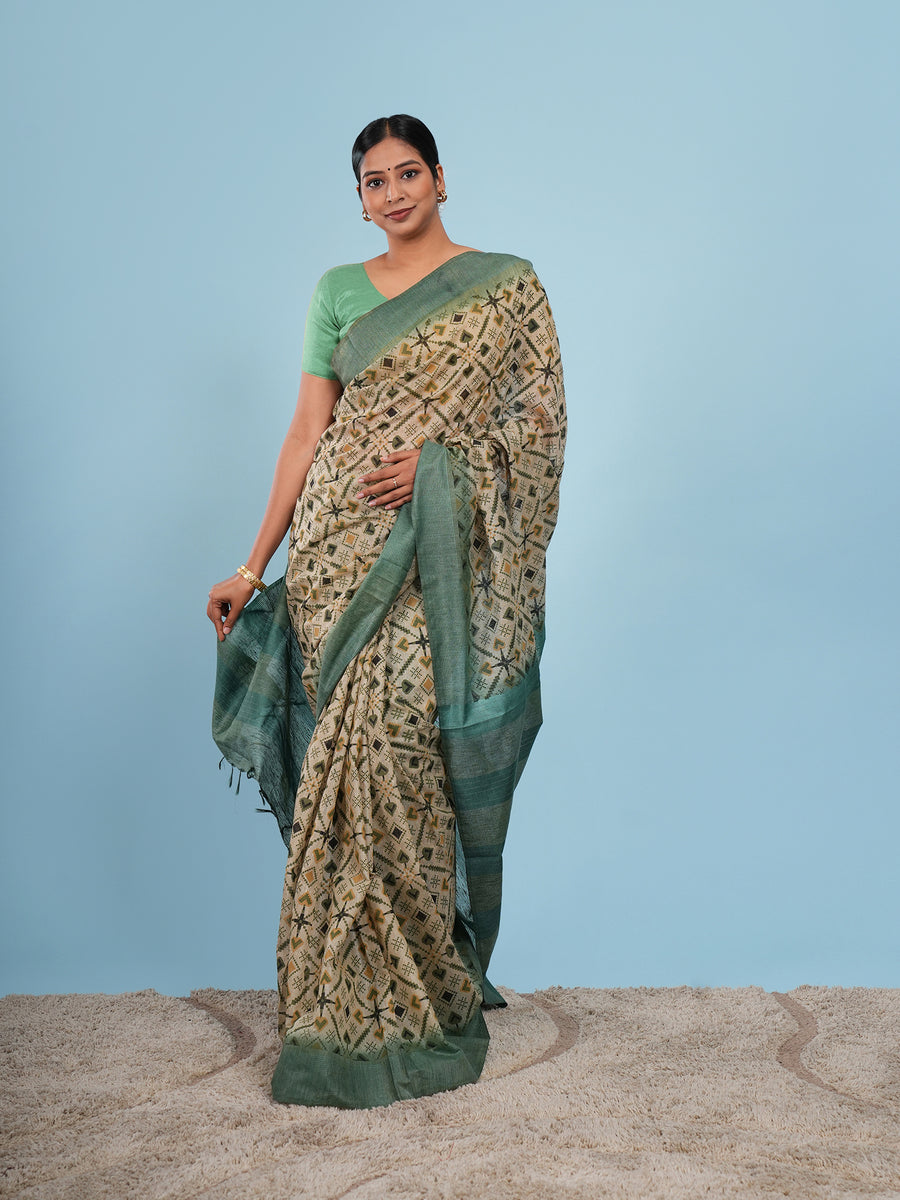 Sage green bamboo silk block-print saree, full-length drape – Koshnika