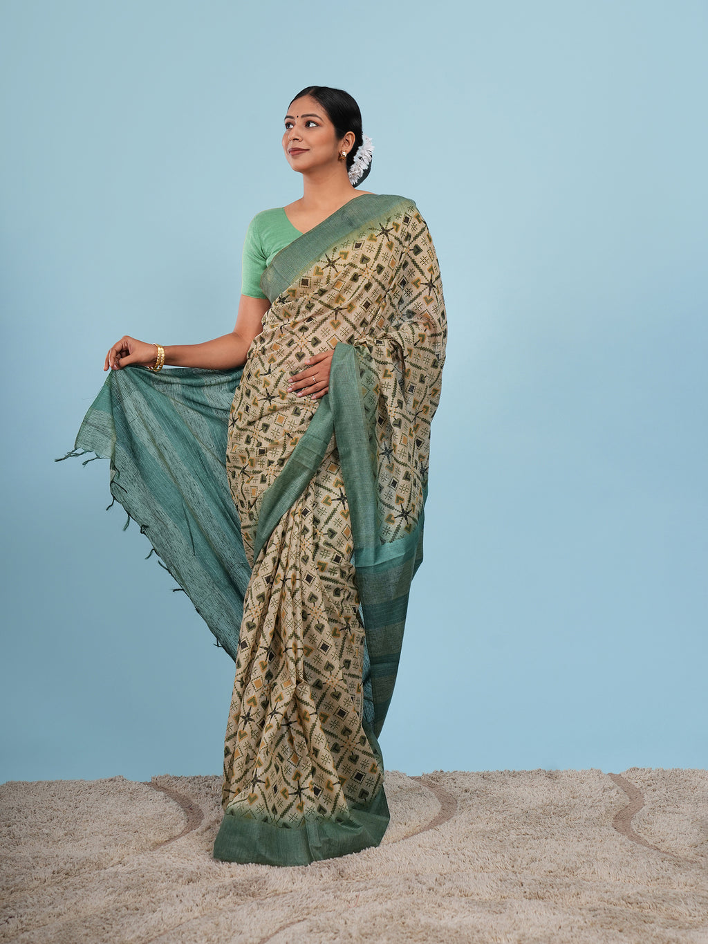 Maithili Bamboo Silk Block Print Saree Sage Green